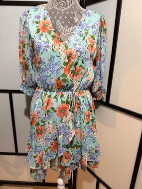 Sienna Sky Mint Floral Wrap Mini Dress with Coral and Lavender Blooms